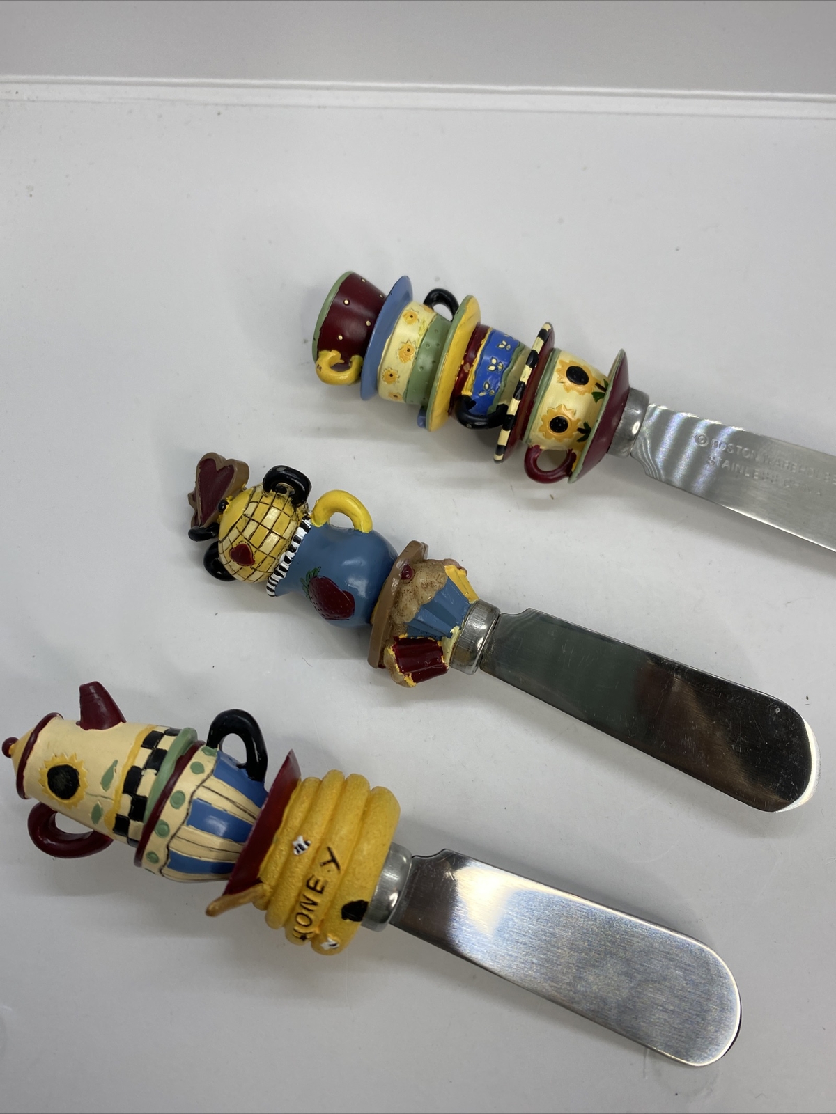Lot 3 Boston Warehouse Butter Knives Spreaders Teapots/Honey/Teacup