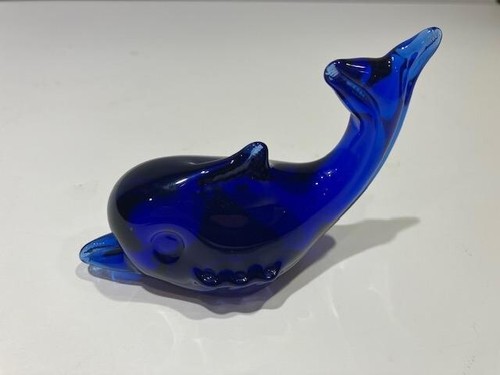 Cobalt Blue Blown Glass Roman Dolphin Paper Weight Figurine