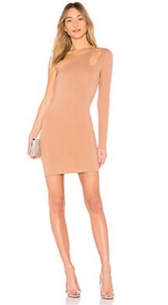 nude bodycon mini dress NWT NBD Jay One Shoulder Size XS Cut Out catching silhouette that owns