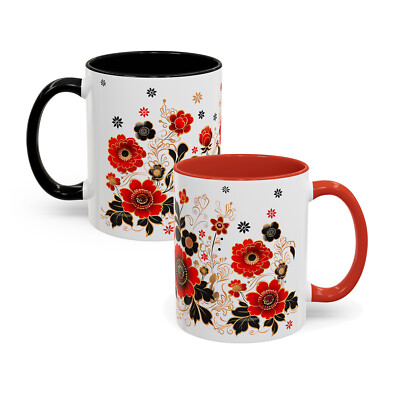 Floral Khokhloma Style Coffee Mug, 11oz 15oz, Red Gold Black Russian Tea  Cup | eBay