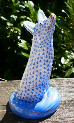 Vtg. Herend Blue Fish Net 24k Gold Trim Fox Gazing Upward Figurine - 6.5'' Tall