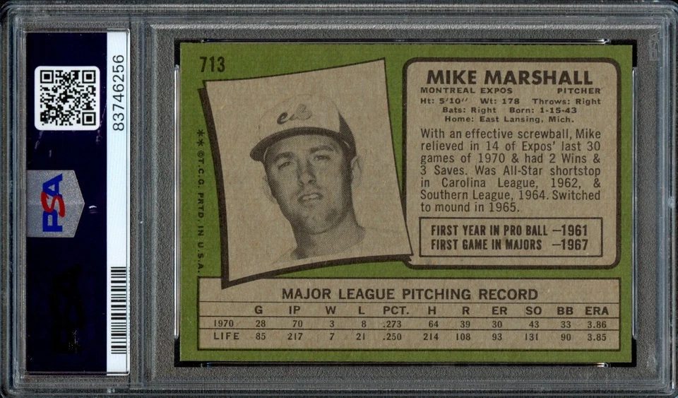 BB - 1971 - Topps - #713 - Mike Marshall - PSA 8 - NM-MT - Image 2 of 2