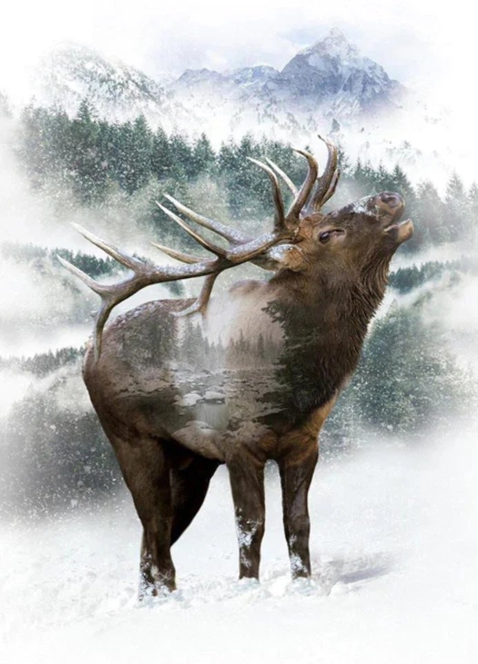 HOFFMAN CALIFORNIA FABRICS Hoffman Call Of The Wild Winter Storm Elk Cotton Quilt Panel 30 3/4" x 43"