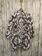Chico's Linen Cardigan Duster Jacket Open Artsy Brown Cream Ikat Size 3 / XL