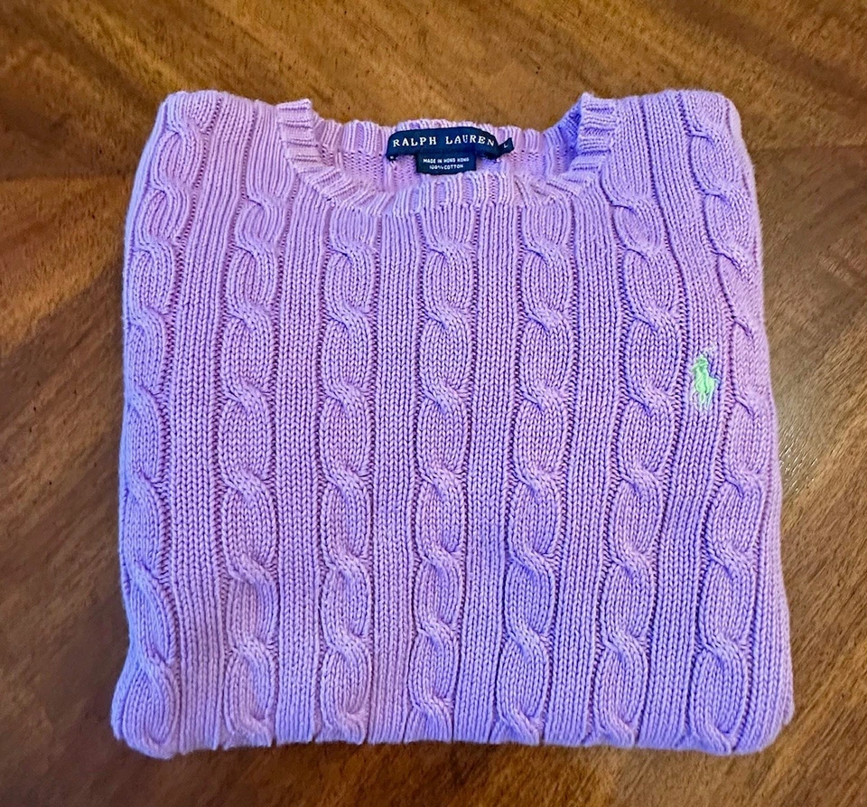 Suéter Ralph Lauren Para Mujer Grande Púrpura Algodón Tejido con Cable Cuello Redondo Pullover Foto 2 de 4