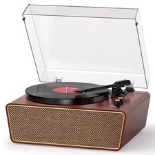 Bluetooth Vinyl Record Player, All-in-One Turntable with 4 Built-in Speakers,