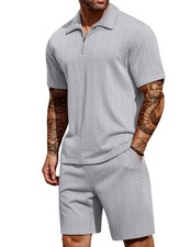 Men's Polo Shirt and Shors Set Summer Outfits Fashion Zipper Polo Suit for Me...