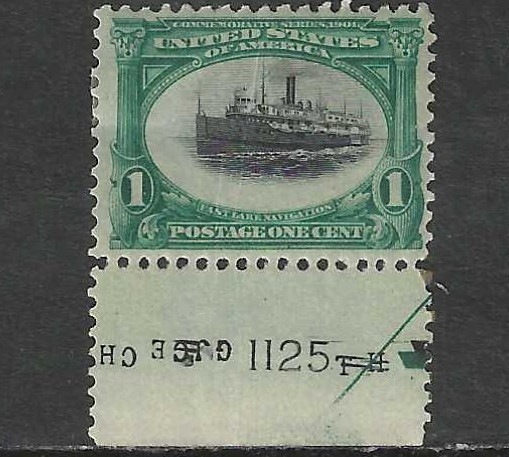 US Scott 294, 1901 Pan-American Issue, Fast Boat+ Plate #, OG, NH, F/VF