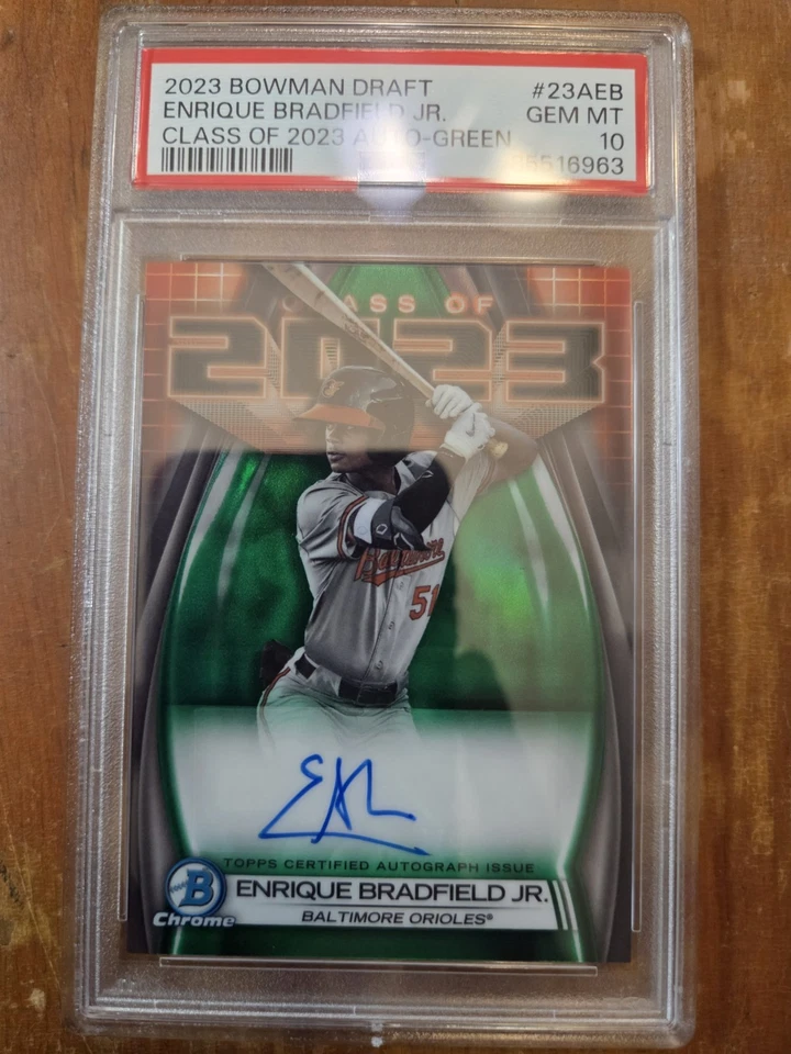 Bowman Draft 2023 Enrique Bradfield Jr. Clase de 23 refractor verde automático PSA 10 Foto 3 de 3