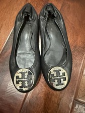 Tory Burch Women’s Black Leather Ballet Flats Silver Logo Slip-On Round Toe 8.5