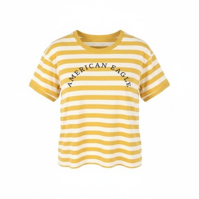 American Eagle Outfitters Damen T-Shirt L Senf Gestreift Kurzarm Baumwolle