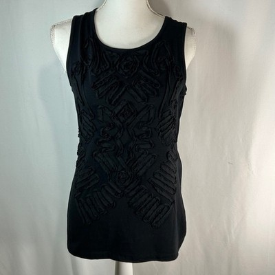 Neiman Marcus Black Tank Top Womens Size L Textured Applique Scoop Neck