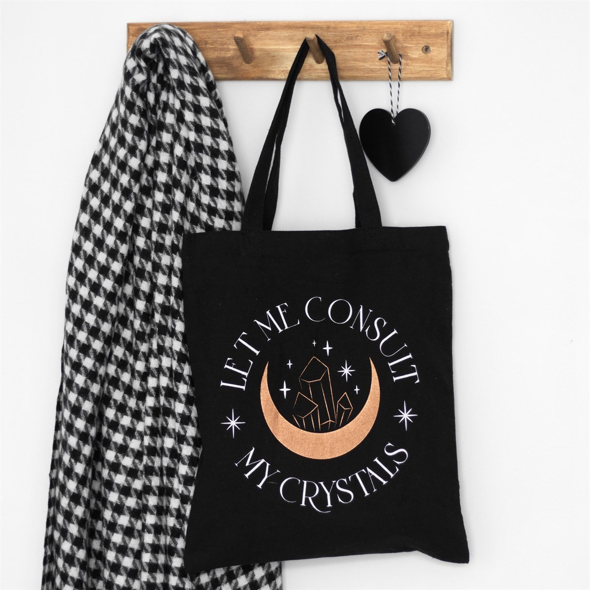 Crystal Witch Themed Black Long Handle Polycotton Canvas Tote Shopping Bag