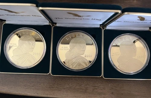 2000 *LOF OF 3* LIBERTY FINE SILVER .999 SACAWAGEA 4OZ 24 K GOLD LAYERED COINS
