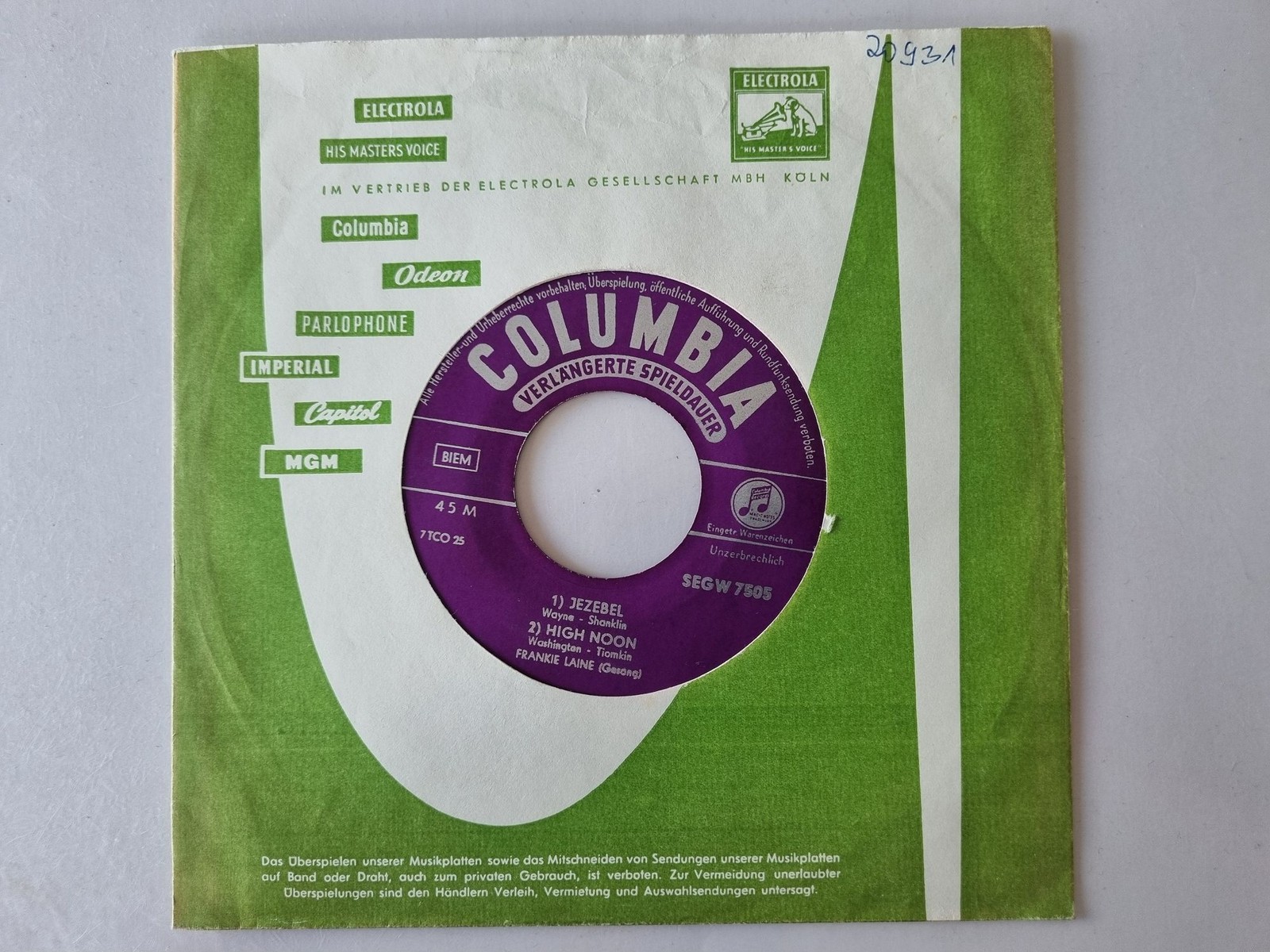 Frankie Laine - Jezebel/ High Noon 7'' Vinyl EP Germany