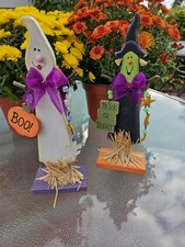 10-in Tall Adorable Wooden Halloween Ghost And Witch Shelf Sitters