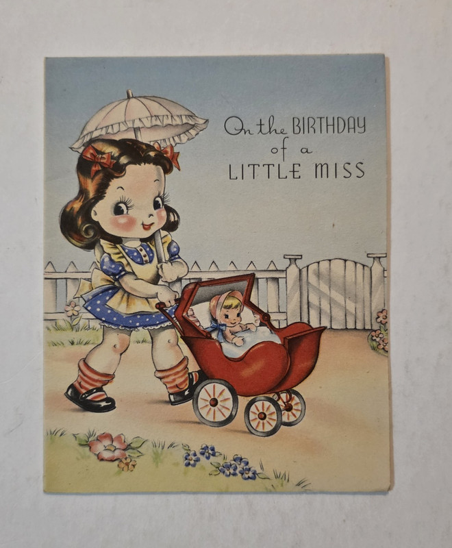 Vintage Birthday Greeting Card Girl With Carriage Stroller Pram & Parasol