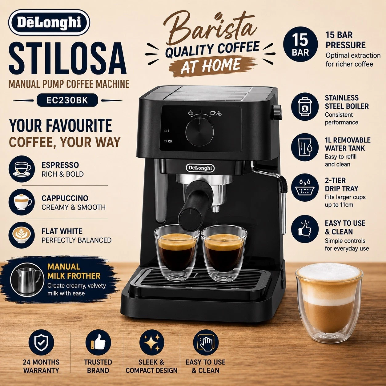 DeLonghi Stilosa EC230BK Manual Pump Coffee Machine 15 Bar Black New