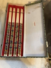 Vintage 4 Pair Set Cloisonné Enamel Gilt Inlay Chinese Chopsticks New w Box
