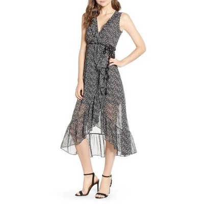 MISA Los Angeles Mari Wrap Dress Size M Polka Dot Mix Chiffon Ruffle High-Low