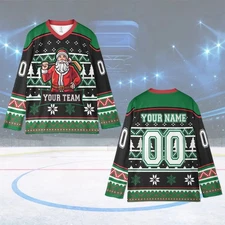 Custom Christmas Hockey Jersey, Santa Claus Print, Green Red Holiday Shirt
