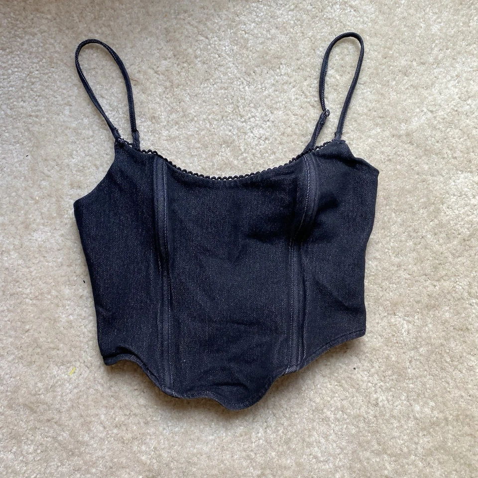 Corsé camisola bustier de mezclilla negra boutique zorro blanco talla XS 100 % algodón Foto 4 de 4