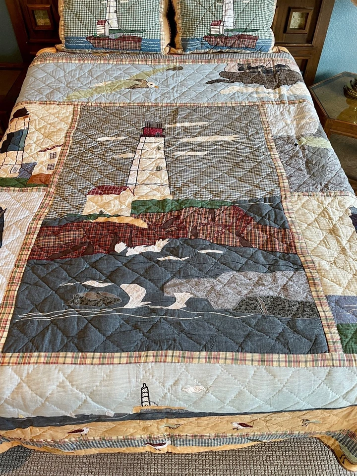 Nice! PATCH MAGIC Patchwork Quilt QUEEN BEDSPREAD SET 85x95 LIGHTHOUSE NAUTICAL - Image 4 of 4