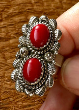 Double Stone Red Coral Size 8 RING Nice Setting  .925 Sterling SEE VIDEO NOW 