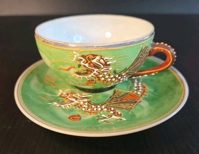 Green Moriage DRAGON WARE Coffee Tea Cup & Saucer W/Geisha Lithopane 1930s UNITY