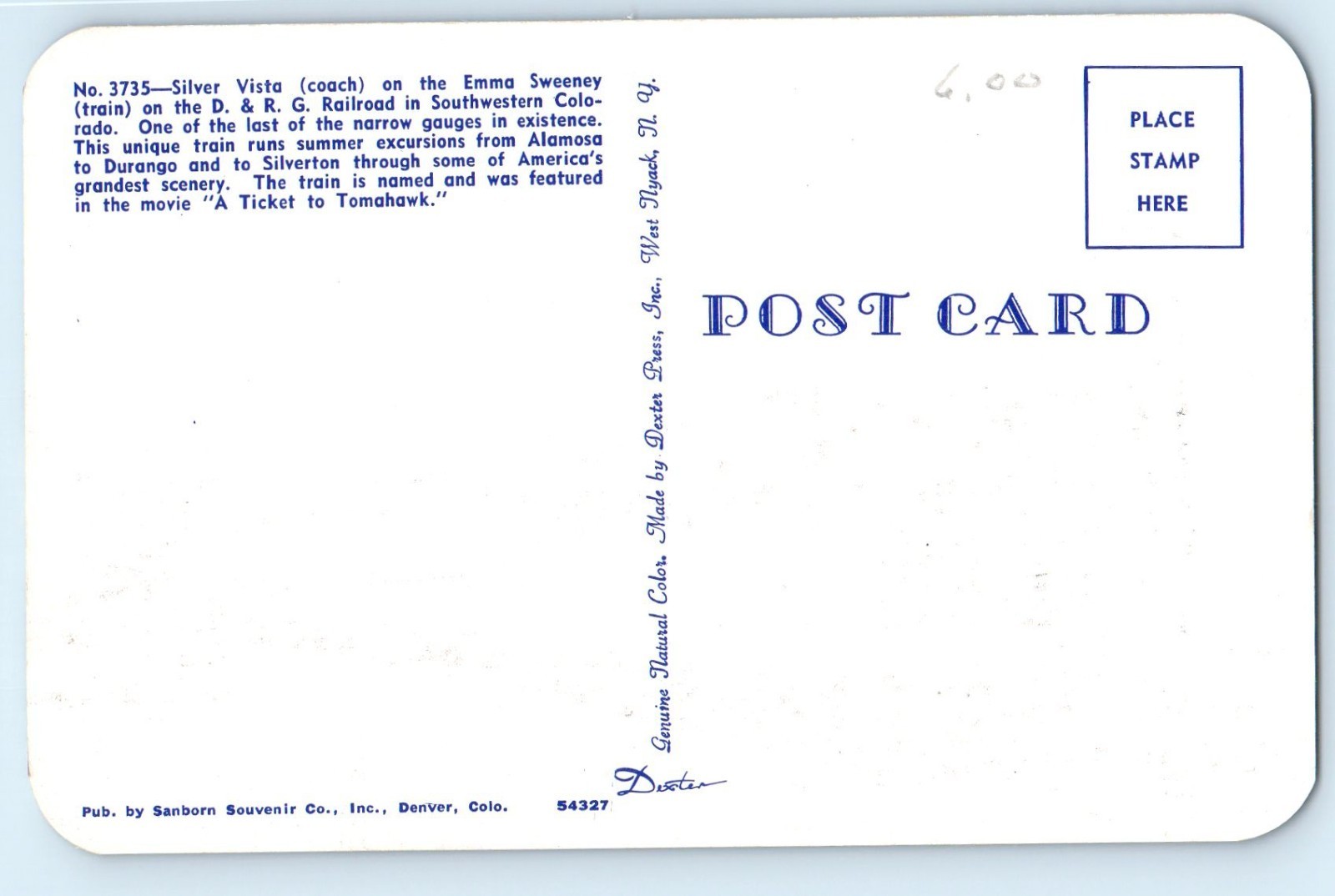 1960 Colorado Postcard Silver Vista Coach Emma Sweeney Train Southwestern Rail thumbnail 2