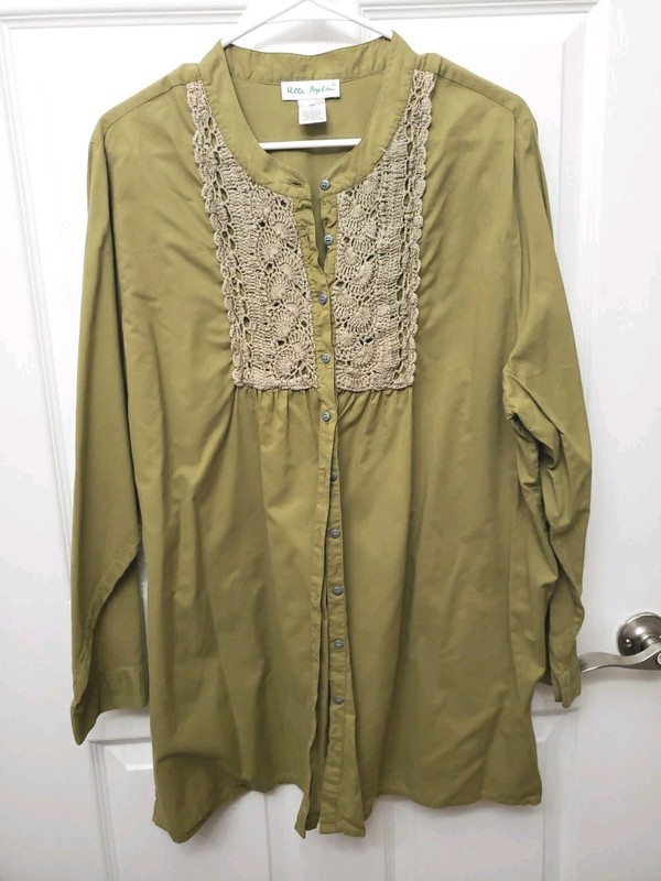 Ulla Popken Size 20/22 A-line Fit Tunic Crochet Front Button Up Long Sleeve