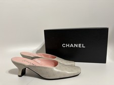 Vtg Chanel Gray CC Logo Leather Mule Heels 37