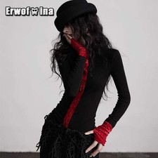 Erwofeina Gothic Patchwork Women's T-shirt Black Long Sleeve Turtleneck Slim 200