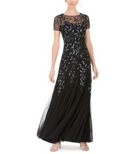 Adrianna Papell Womens Floral-Beaded Gown Dress, charcoal, 2