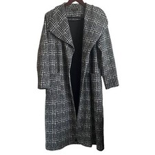Shinestar Women Duster Cardigan Jacket S Belted Black White Plaid Longline Cozy 