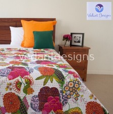 Art Kantha Double Quilt Handmade Floral Reversible Blanket Cotton Bohemian Throw
