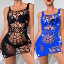 Sexy Womens Hollow Out Fishnet Bodycon Mini Dress See Through Nightwear Clubwear