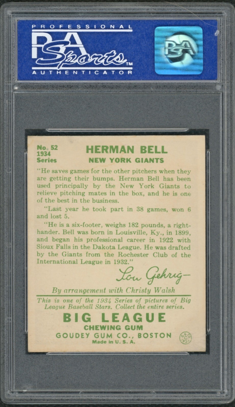 1934 Goudey 52 Herman Bell New York Giants PSA 7 eBay