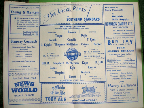 SOUTHEND UTD (RES) V COVENTRY CITY (RES) 26-04-1958 - Picture 2 of 5