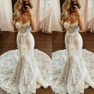 Lace Beach Wedding Dresses Sleeveless Mermaid Train Sweetheart Boho Bridal  Gowns | eBay