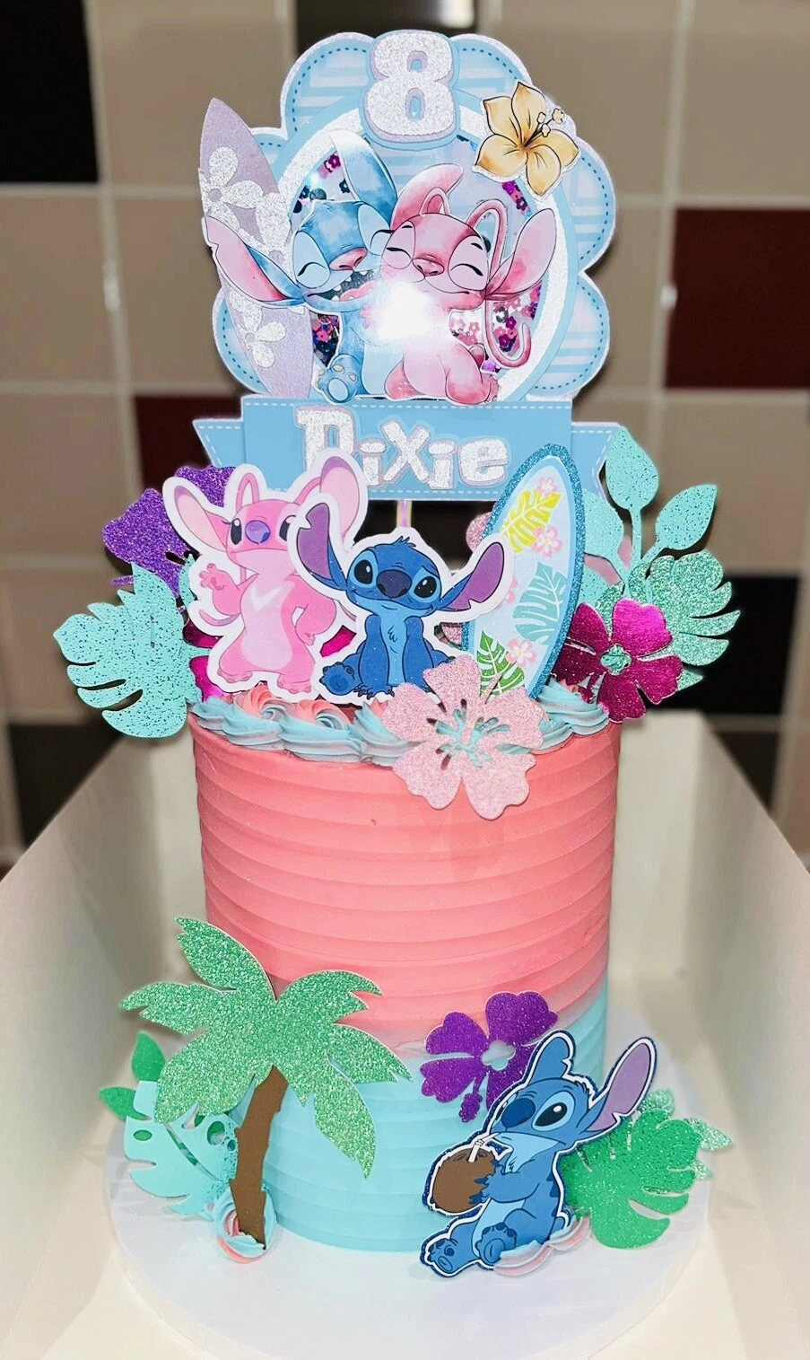 Stitch & Angel Cake Topper- With LED Flashing Lights Name and Age Personalised