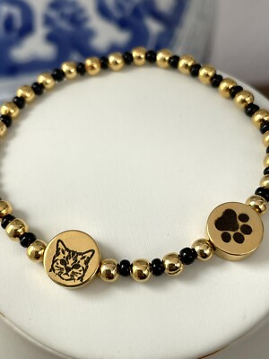 Gold Cat Bracelet Beaded 24k Gold And Black Beads Stretch Bracelet Brand New