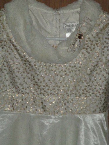 Jona Michelle Size 10 Ivory Gold Polka Dot Metallic Tulle Faux Fur Party Dress - Picture 2 of 5