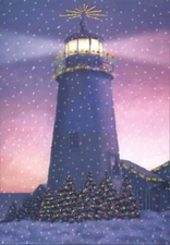 Lighthouse with Foil Lights Red Farm Studios Nautical Holiday Card