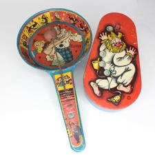 Lot of 2: Vintage Clown Party Noisemakers Tin Wood US Metal Toy Mfg  T Cohn Inc