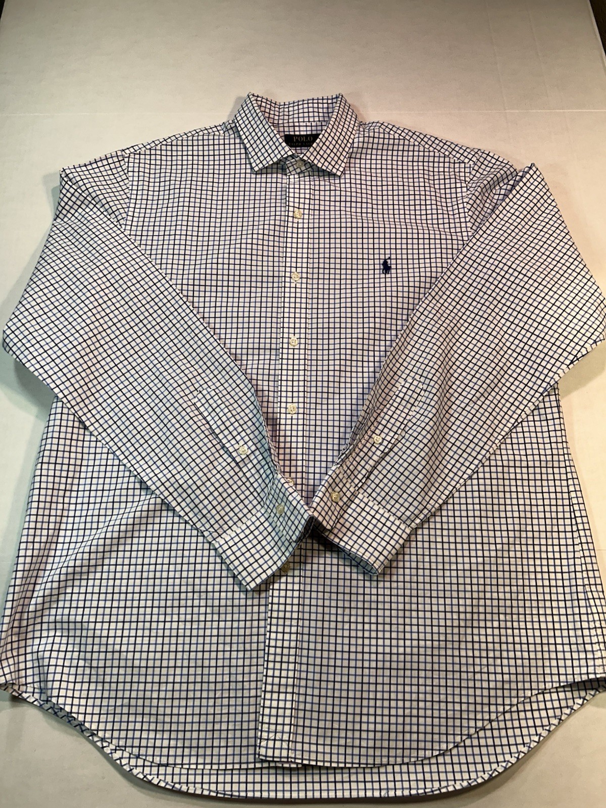 Polo Ralph Lauren Uomo XL Bianco Blu Plaid Pony L S Camicia Taglio Away Collo