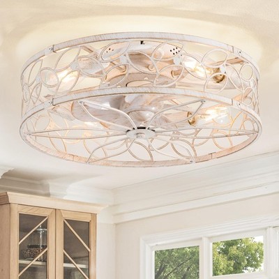 20 Inch Caged Ceiling Fans with Lights, White Flush Mount Ceiling Fan with Re...