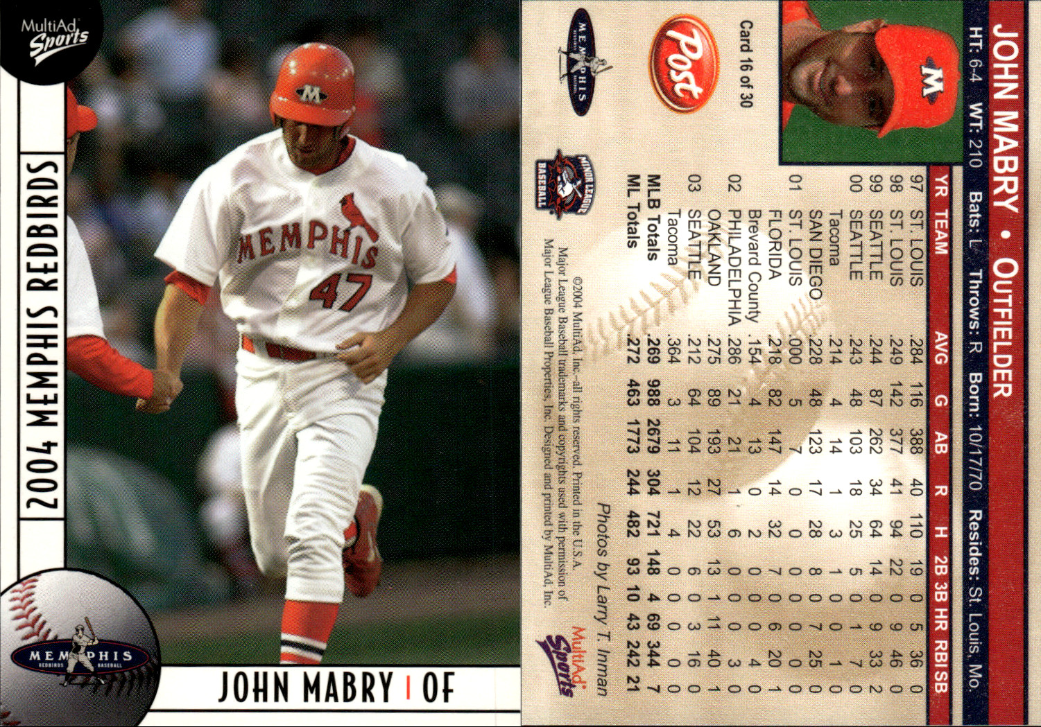 2004 MultiAd Memphis Redbirds #1-30 ~ Choose Your Card