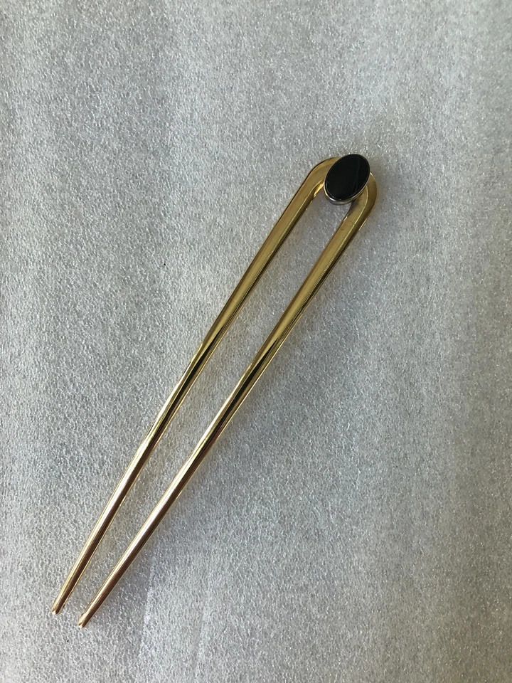 "Pin en U de cabello francés vintage artesanal 12k GF/Onyx en tono dorado metal 6""" Foto 4 de 4