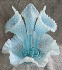 Fenton Blue Hobnail Opalescent Three Horn 9.5" Eperne